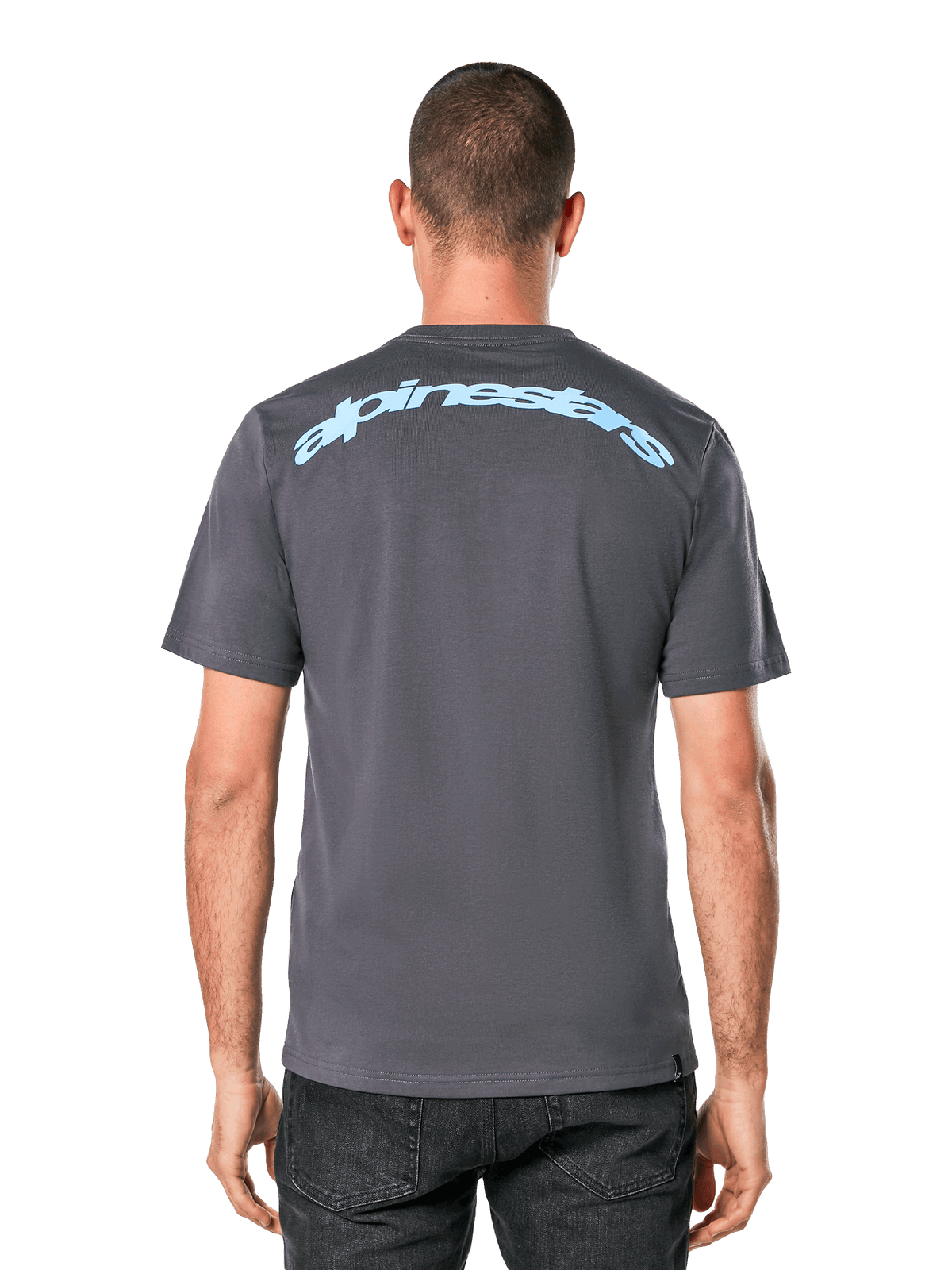 Alpinestars Horizon CSF Tee, t-shirt à manches courtes, gris anthracite, vue de dos avec une inscription Alpinestars en arc bleu clair, sportswear décontracté
