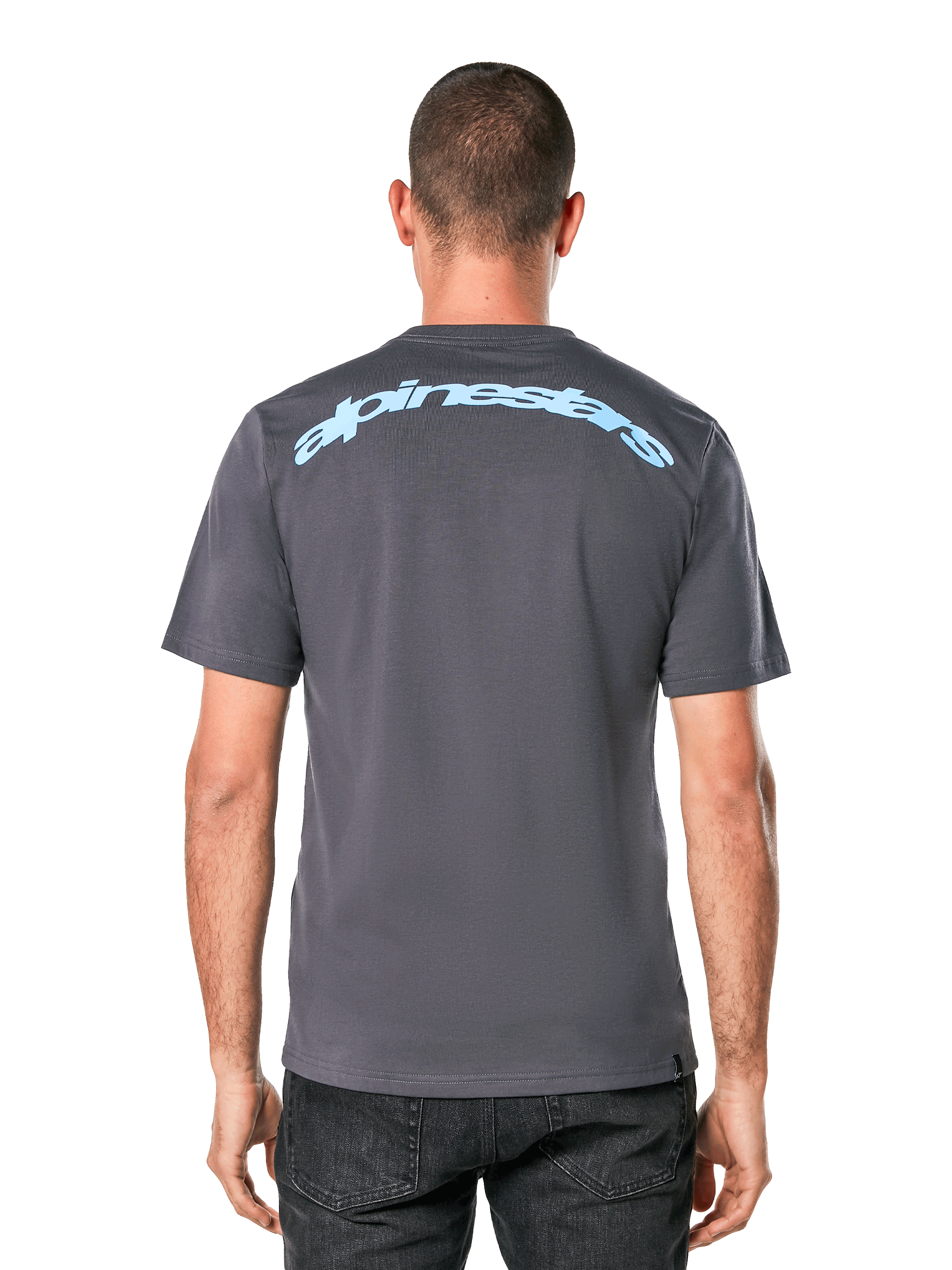 Alpinestars Horizon CSF Tee, t-shirt à manches courtes, gris anthracite, vue de dos avec une inscription Alpinestars en arc bleu clair, sportswear décontracté