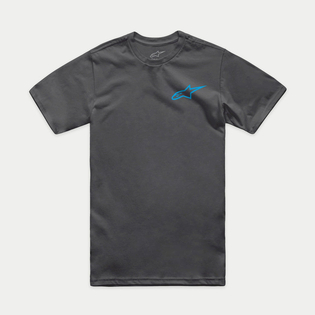 T-shirt Alpinestars Horizon CSF, t-shirt à manches courtes, gris anthracite avec logo Alpinestars Ageless bleu, vêtement de sport décontracté motorsport