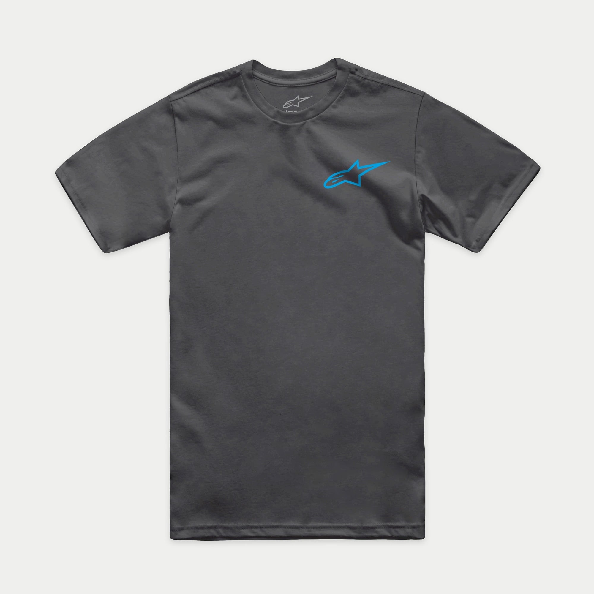 T-shirt Alpinestars Horizon CSF, t-shirt à manches courtes, gris anthracite avec logo Alpinestars Ageless bleu, vêtement de sport décontracté motorsport
