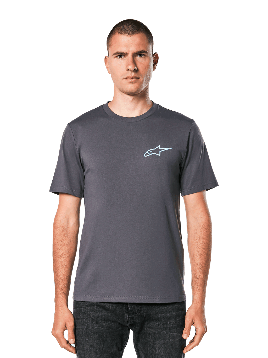 Alpinestars Horizon CSF Tee, t-shirt à manches courtes, gris anthracite, logo Ageless bleu clair sur la poitrine, style décontracté motorsport streetwear