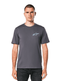 Alpinestars Horizon CSF Tee, t-shirt à manches courtes, gris anthracite, logo Ageless bleu clair sur la poitrine, style décontracté motorsport streetwear