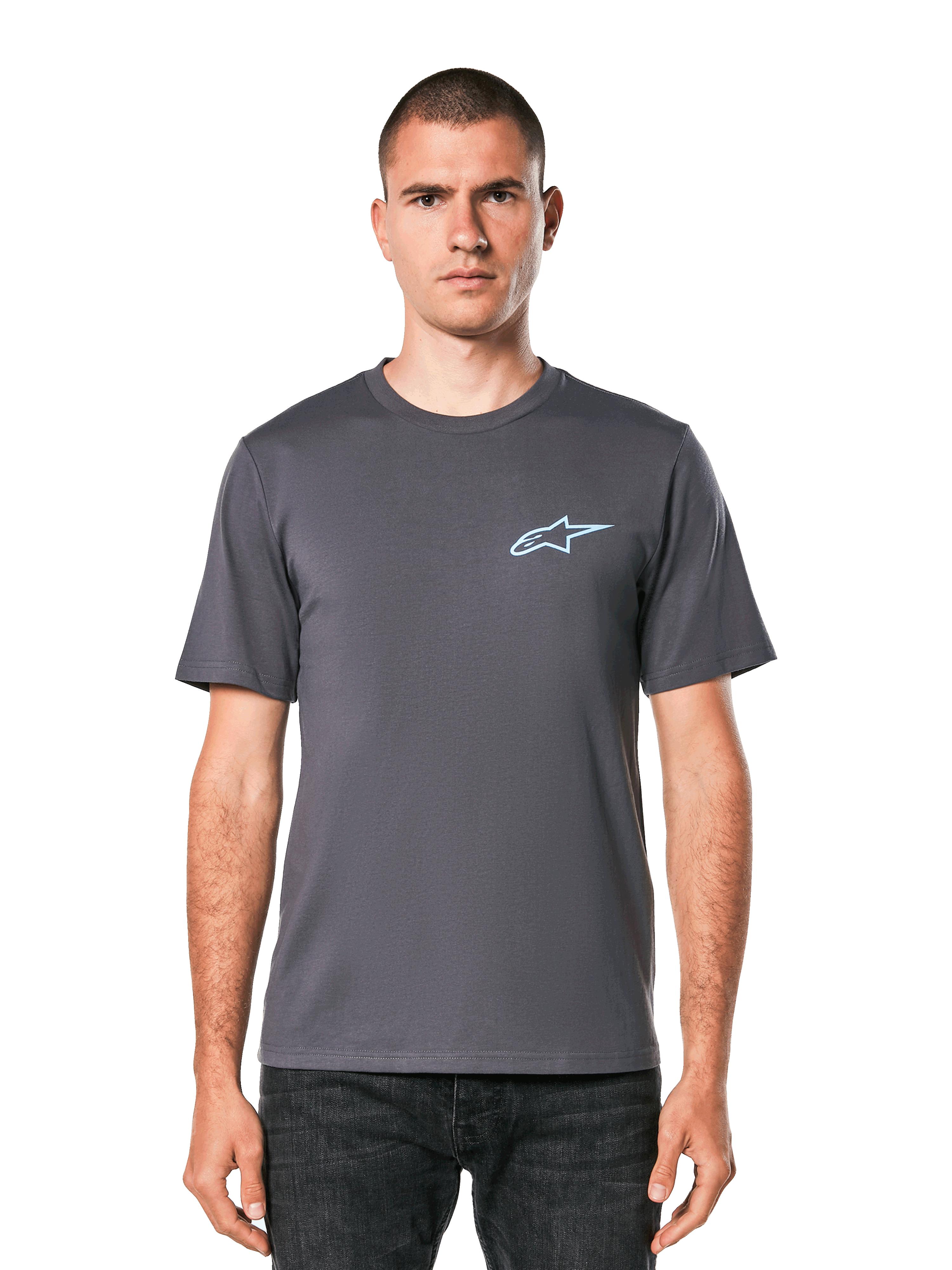 Alpinestars Horizon CSF Tee, Short Sleeve T-Shirt, Charcoal, Light Blue Ageless Logo on Chest, Casual Motorsport Streetwear