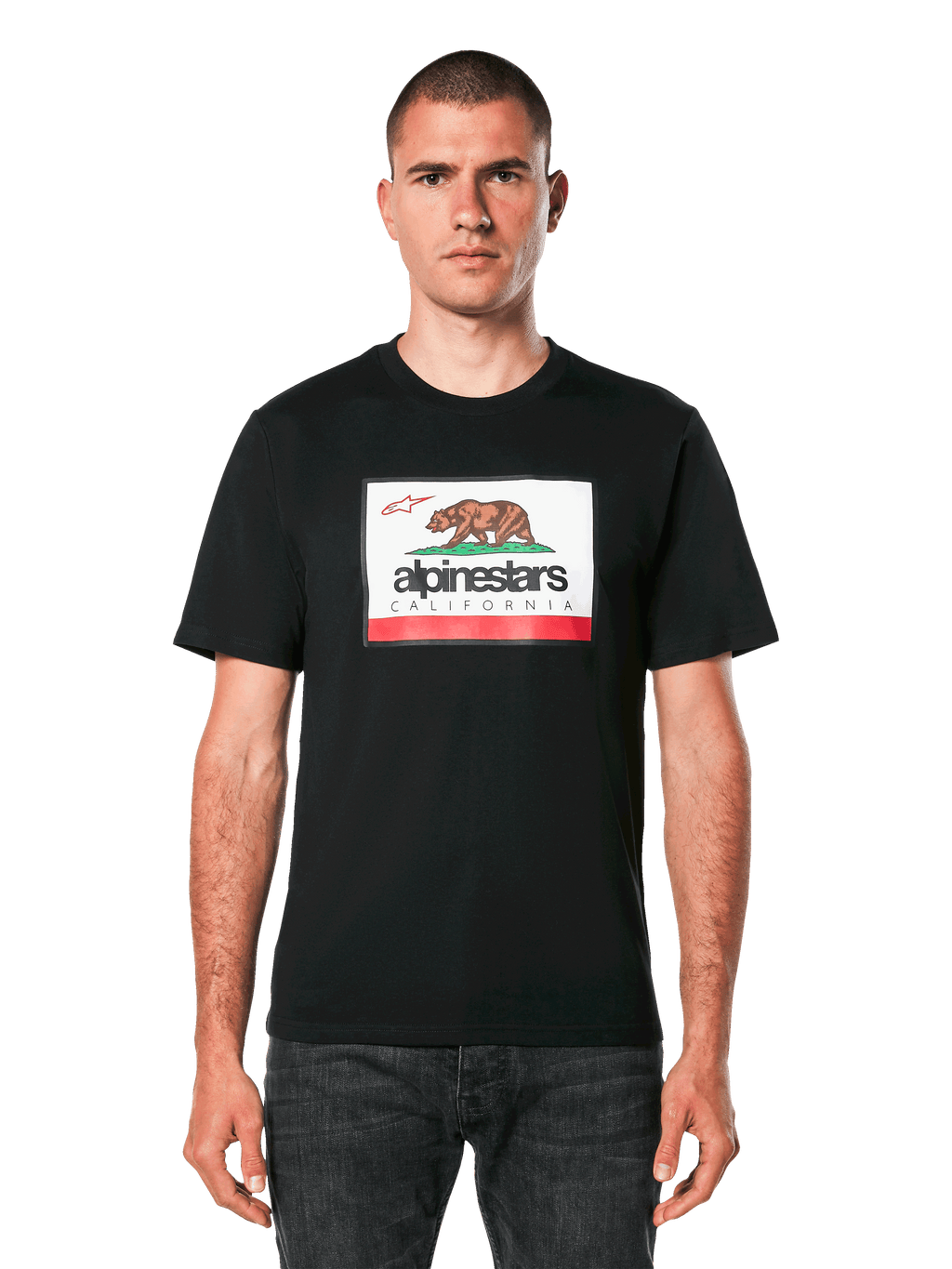 T-shirt Alpinestars Cali 2.0 CSF, t-shirt à manches courtes, noir, avec un graphique Cali 2.0 à l'avant représentant un ours brun et le logo Alpinestars California, streetwear motorsport décontracté