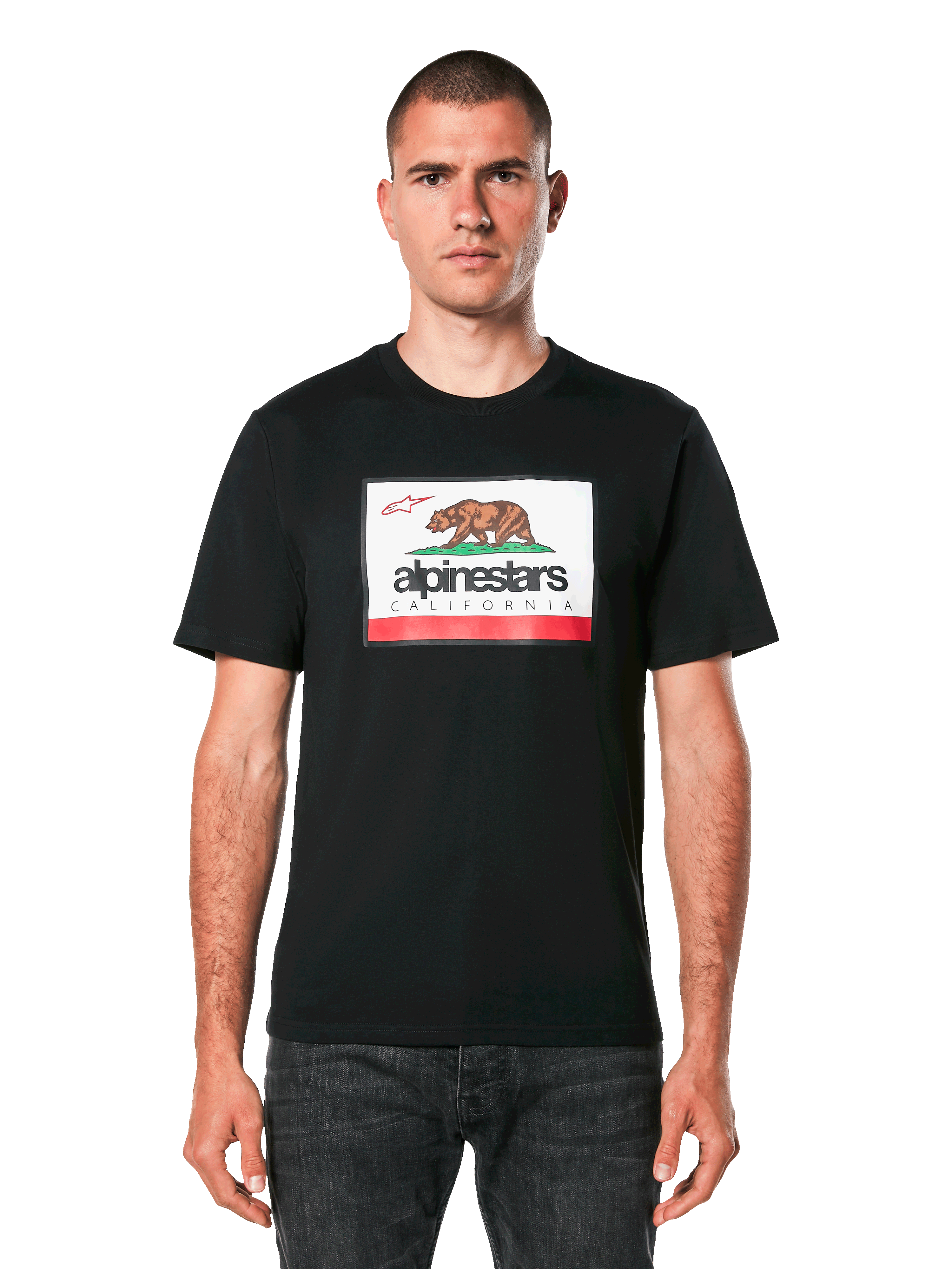 T-shirt Alpinestars Cali 2.0 CSF, t-shirt à manches courtes, noir, avec un graphique Cali 2.0 à l'avant représentant un ours brun et le logo Alpinestars California, streetwear motorsport décontracté
