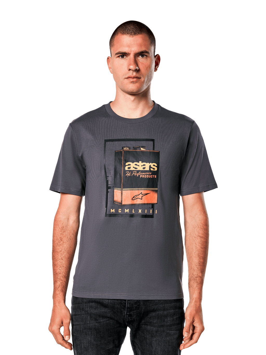 Alpinestars Galun CSF Tee, Charcoal Gray Short Sleeve T-Shirt, featuring a vintage gas can graphic with orange and white astars branding, casual motorsport-inspired streetwear