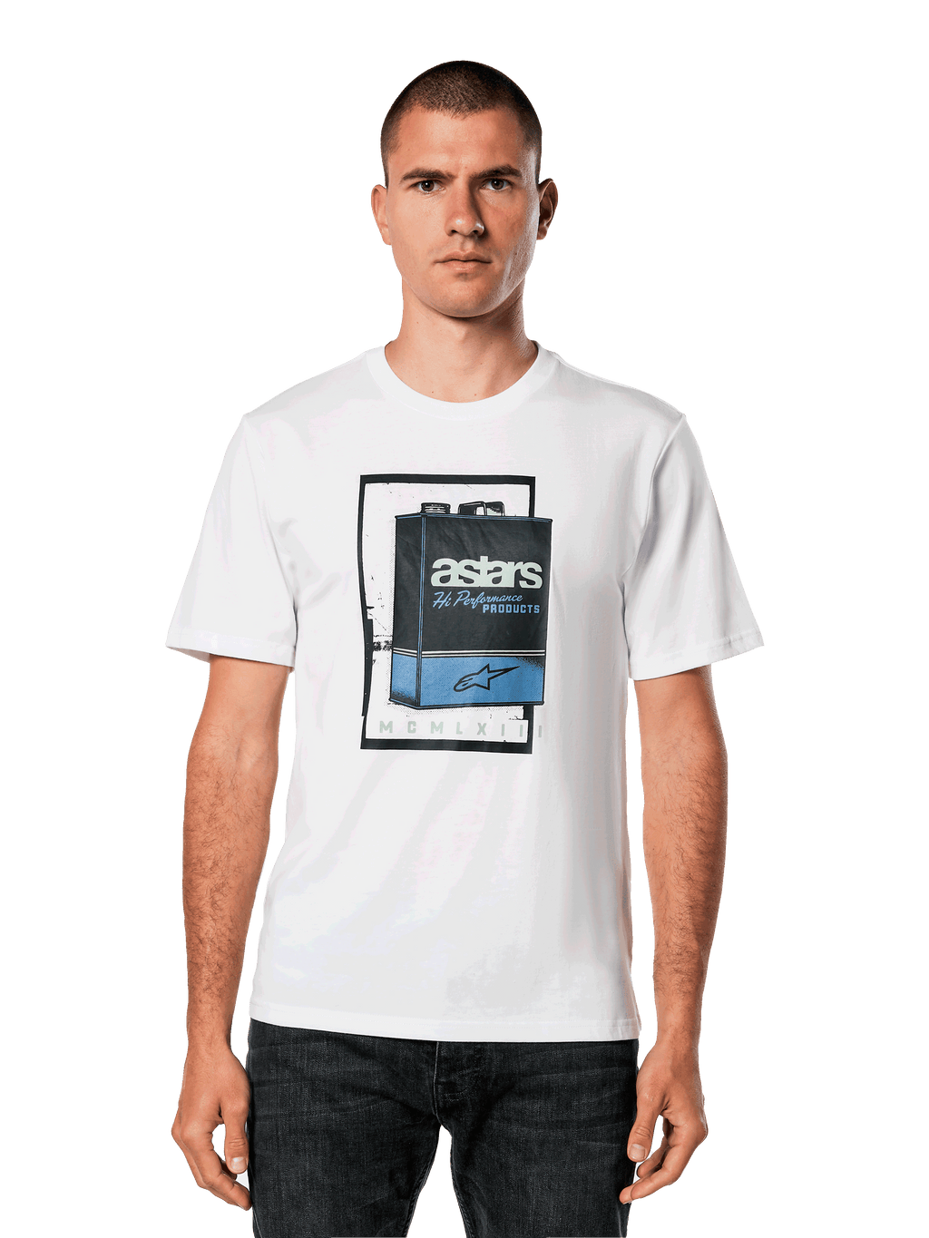 Alpinestars Galun CSF Tee, t-shirt blanc à manches courtes, graphique de bidon d'essence vintage bleu et noir avec logo Astars et chiffre romain MCMLXIII, streetwear motorsport décontracté