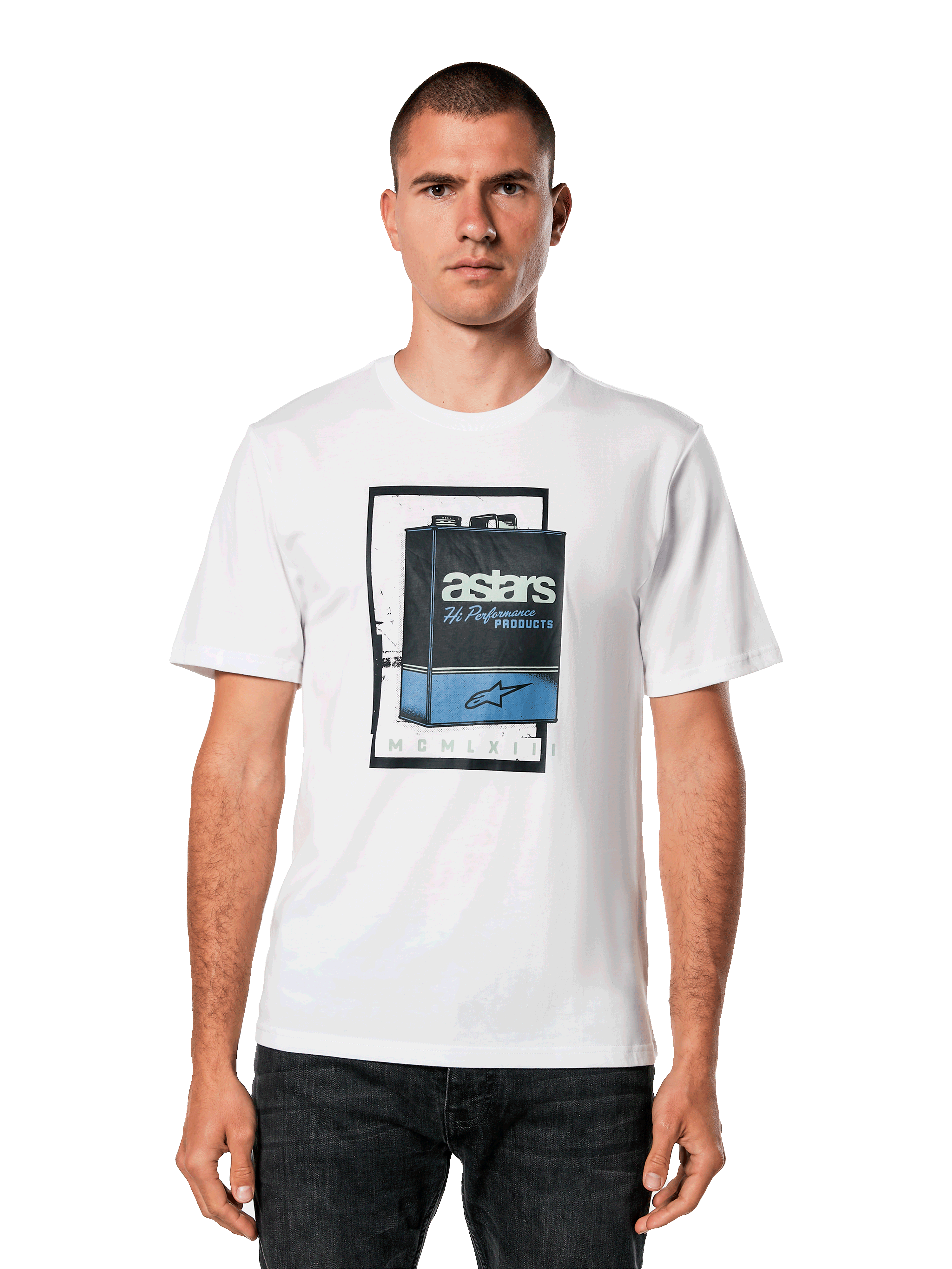Alpinestars Galun CSF Tee, t-shirt blanc à manches courtes, graphique de bidon d'essence vintage bleu et noir avec logo Astars et chiffre romain MCMLXIII, streetwear motorsport décontracté