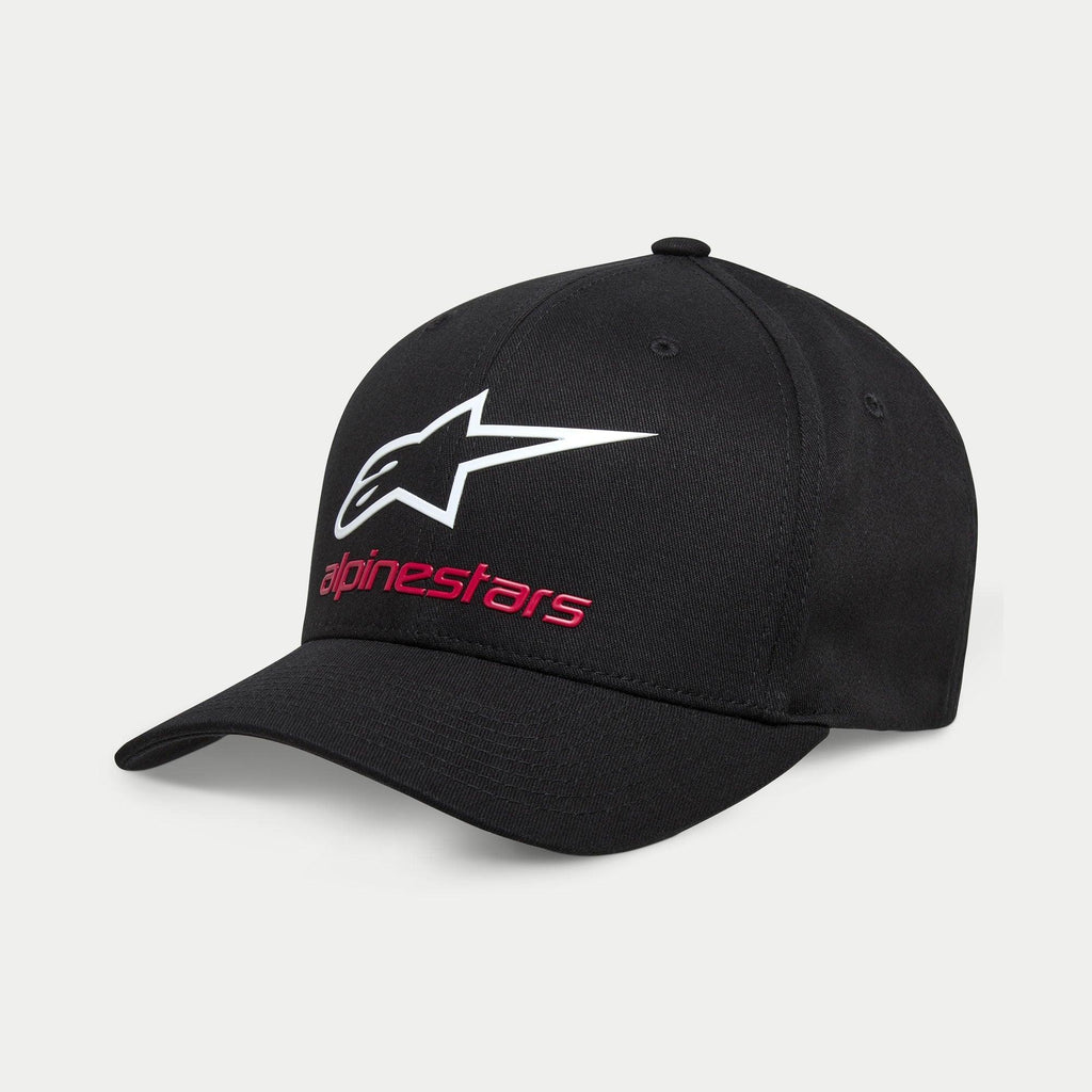 Casquette Alpinestars Always 2.0, casquette de baseball noire, avec un logo Astars blanc et le texte Alpinestars rouge, couronne structurée avec visière courbée, sergé extensible, vêtement de sport décontracté