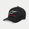 Casquette Alpinestars Always 2.0, casquette de baseball noire, avec un logo Astars blanc et le texte Alpinestars rouge, couronne structurée avec visière courbée, sergé extensible, vêtement de sport décontracté