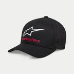 Casquette Alpinestars Always 2.0, casquette de baseball noire, avec un logo Astars blanc et le texte Alpinestars rouge, couronne structurée avec visière courbée, sergé extensible, vêtement de sport décontracté
