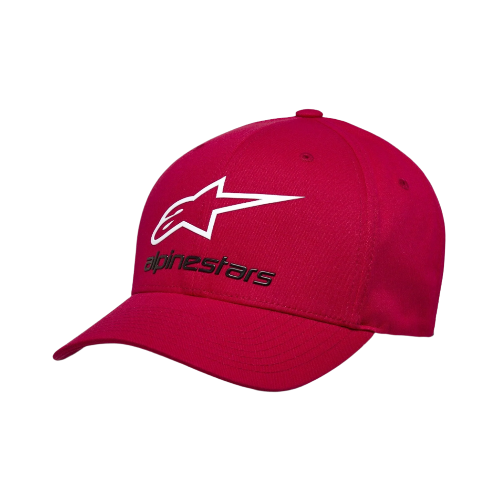 Casquette Alpinestars Always 2.0, casquette de baseball, rouge, logo étoile blanc et texte Alpinestars noir, visière courbée, couronne structurée, style streetwear décontracté inspiré du sport automobile