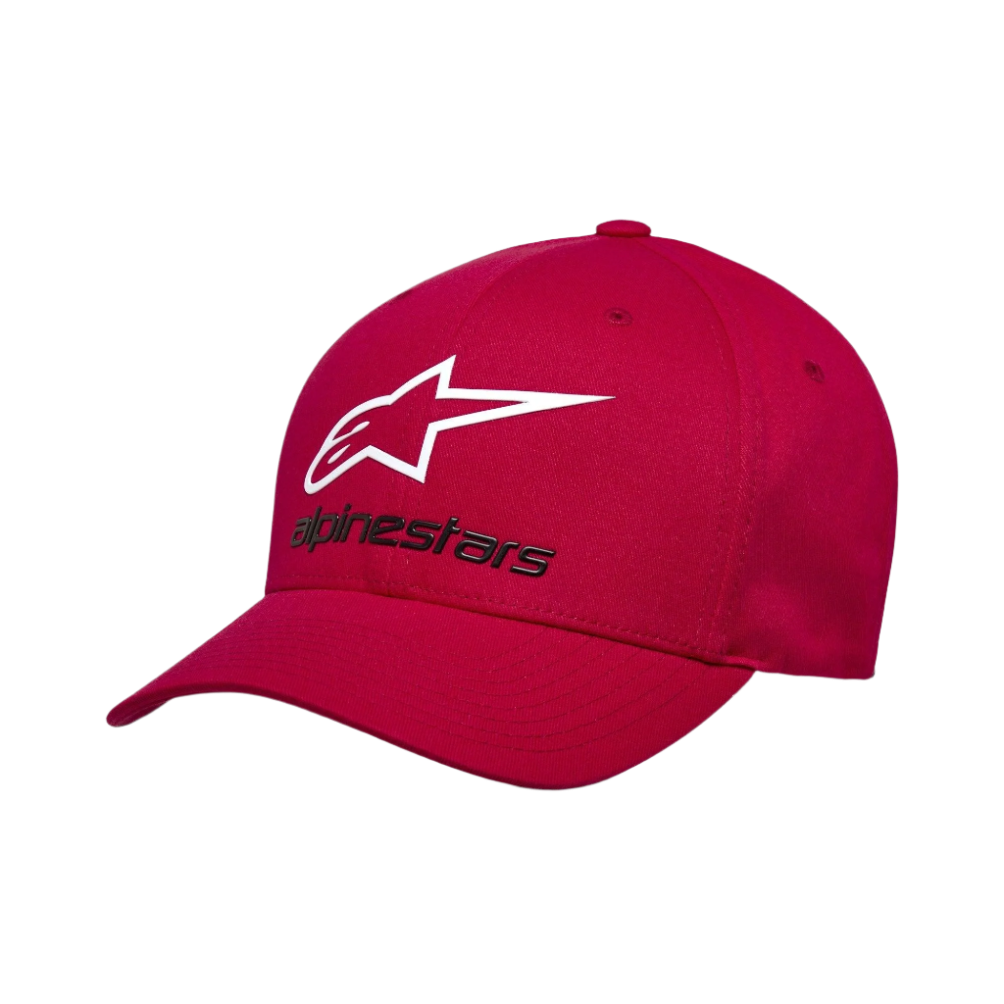 Casquette Alpinestars Always 2.0, casquette de baseball, rouge, logo étoile blanc et texte Alpinestars noir, visière courbée, couronne structurée, style streetwear décontracté inspiré du sport automobile