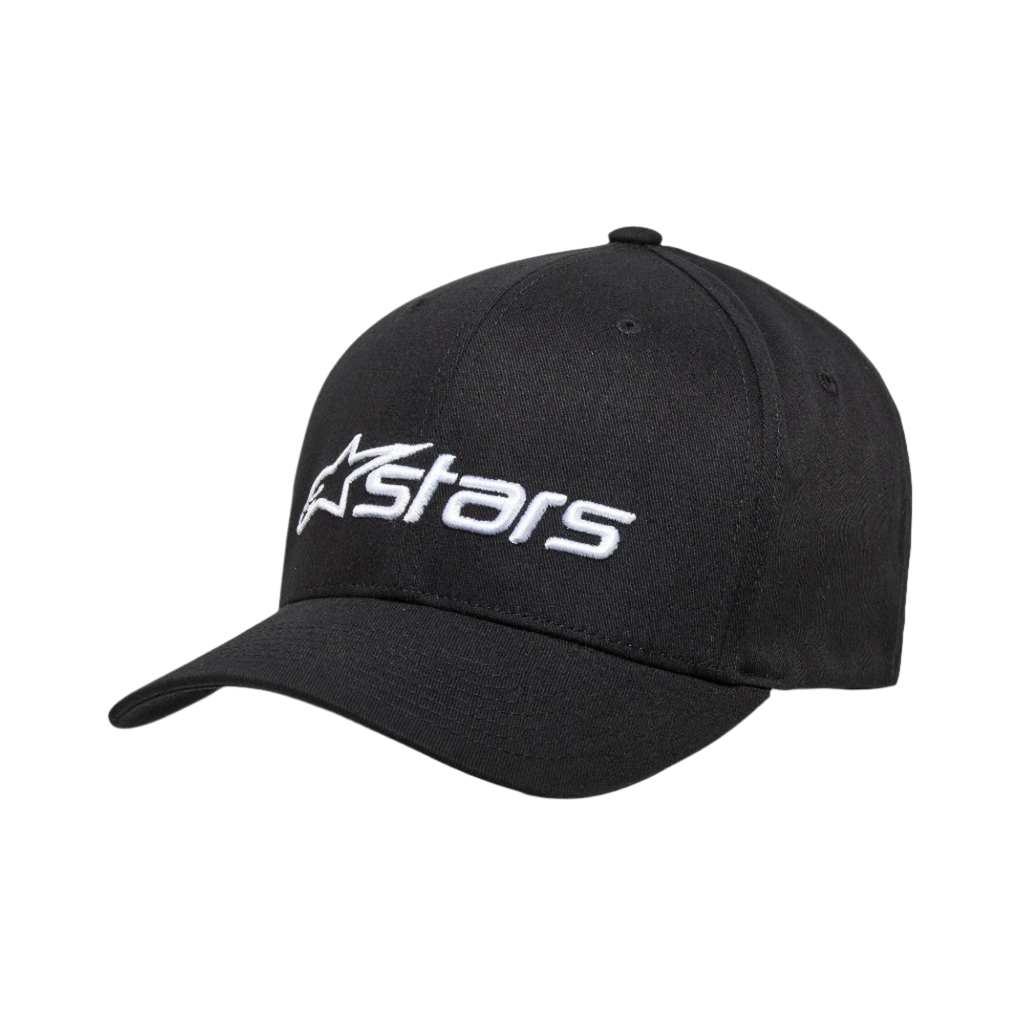 Casquette Alpinestars Blaze 2.0, casquette de baseball structurée, noire, logo brodé blanc sur le devant, visière courbée, tissu en sergé extensible, couvre-chef décontracté inspiré du sport automobile
