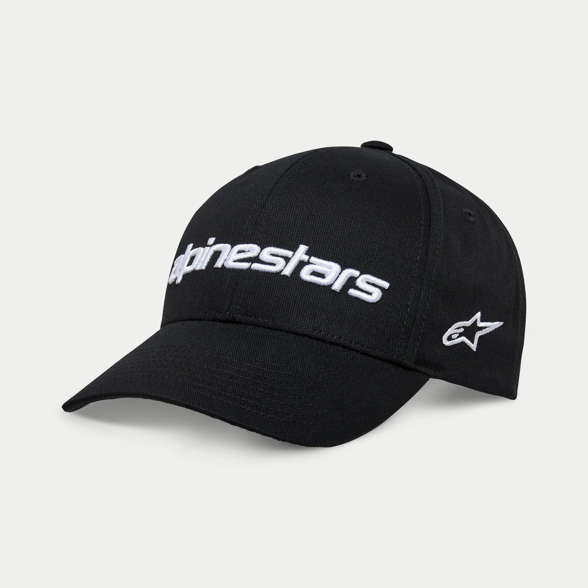 Casquette Alpinestars Linear Wordmark 2.0, noir et blanc, avec visière courbée et couronne structurée, logo textuel brodé en 3D à l'avant et logo étoile sur le côté, couvre-chef décontracté inspiré des sports mécaniques