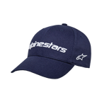 Casquette Alpinestars Linear Wordmark 2.0, bleu marine avec logo blanc brodé en 3D, visière courbée, couronne structurée, logo étoile sur le côté, casquette sportswear en twill de coton