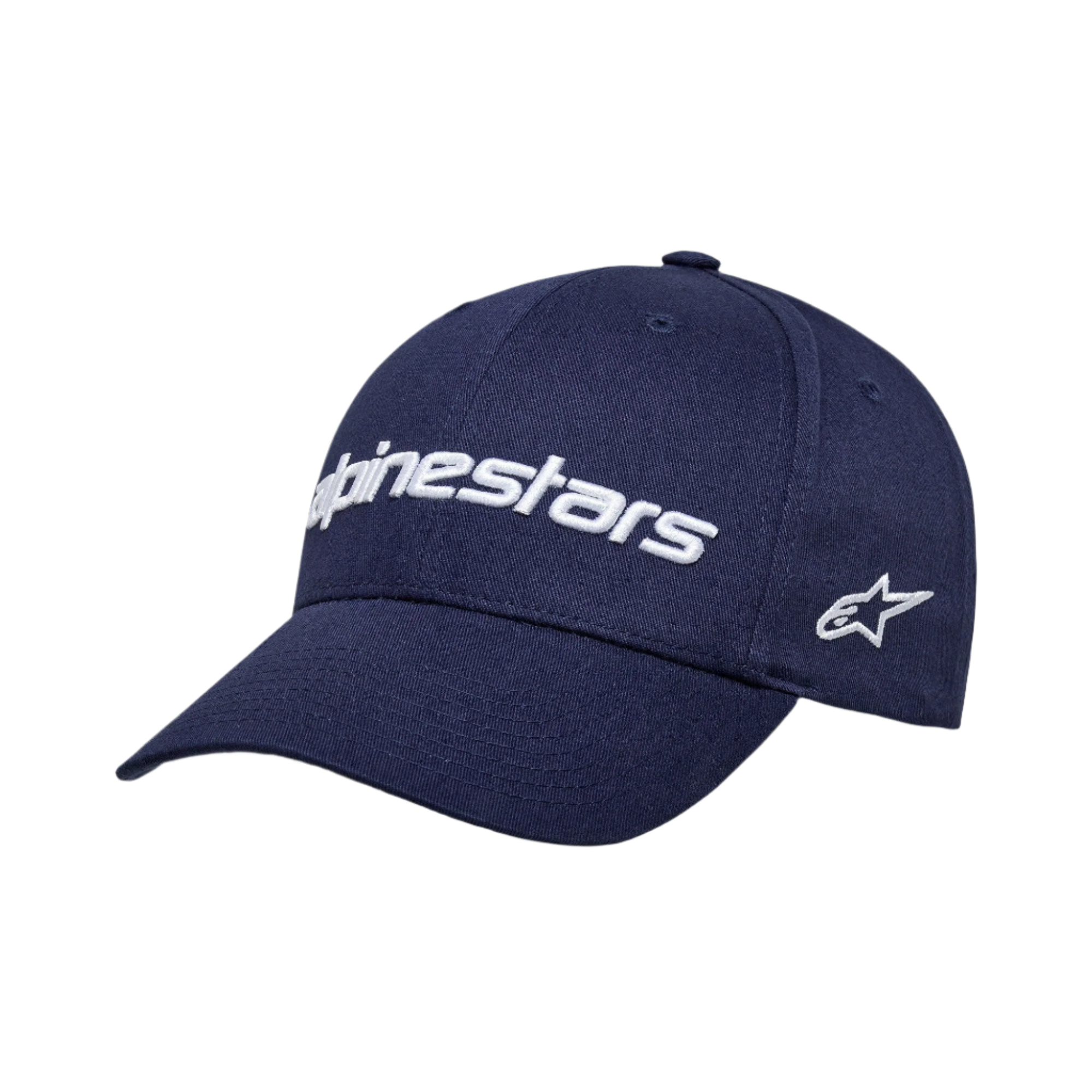 Casquette Alpinestars Linear Wordmark 2.0, bleu marine avec logo blanc brodé en 3D, visière courbée, couronne structurée, logo étoile sur le côté, casquette sportswear en twill de coton