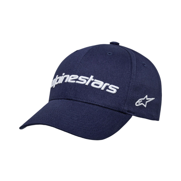 Casquette Alpinestars Linear Wordmark 2.0, bleu marine avec logo blanc brodé en 3D, visière courbée, couronne structurée, logo étoile sur le côté, casquette sportswear en twill de coton