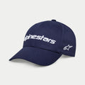Casquette Alpinestars Linear Wordmark 2.0, bleu marine avec broderie blanche, casquette snapback à visière courbée avec logo linéaire Alpinestars en 3D et logo étoile Ageless sur le côté, sportswear décontracté