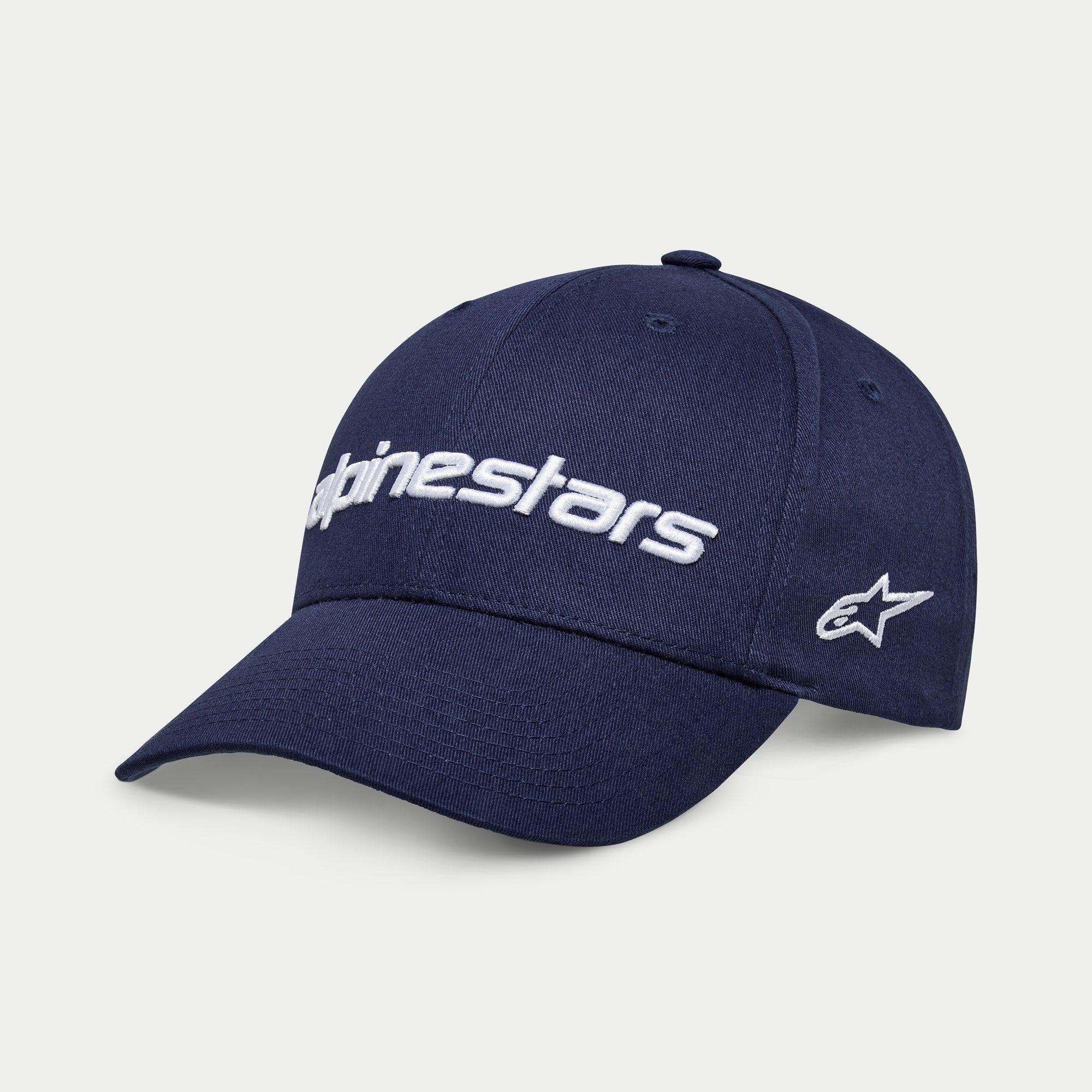 Casquette Alpinestars Linear Wordmark 2.0, bleu marine avec broderie blanche, casquette snapback à visière courbée avec logo linéaire Alpinestars en 3D et logo étoile Ageless sur le côté, sportswear décontracté