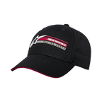 Casquette Par Alpinestars, casquette snapback noire, visière courbée avec détail sandwich rouge, broderie 3D latérale avec logo Alpinestars et texte Racing Ahead, sportswear décontracté structuré