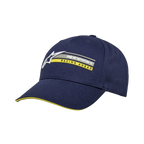 Casquette Alpinestars Par, casquette snapback bleu marine, broderie du logo en 3D avec texte 'RACING AHEAD' jaune, visière courbée avec détail sandwich jaune, twill de coton structuré, couvre-chef décontracté inspiré du sport automobile