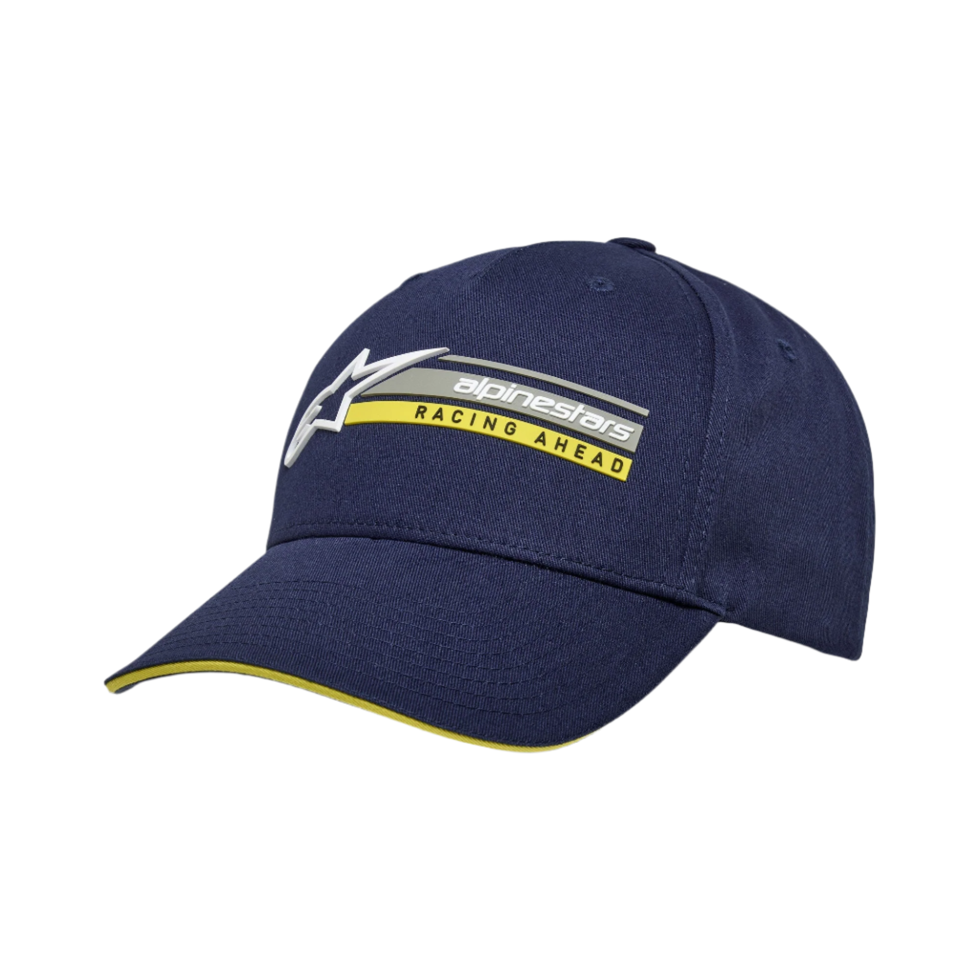 Casquette Alpinestars Par, casquette snapback bleu marine, broderie du logo en 3D avec texte 'RACING AHEAD' jaune, visière courbée avec détail sandwich jaune, twill de coton structuré, couvre-chef décontracté inspiré du sport automobile