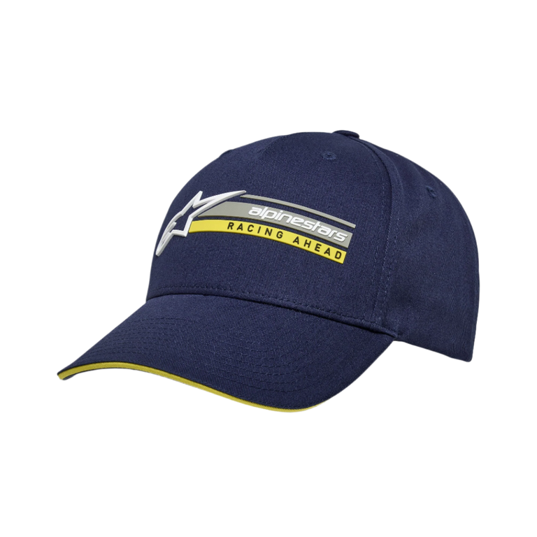 Casquette Alpinestars Par, casquette snapback bleu marine, broderie du logo en 3D avec texte 'RACING AHEAD' jaune, visière courbée avec détail sandwich jaune, twill de coton structuré, couvre-chef décontracté inspiré du sport automobile