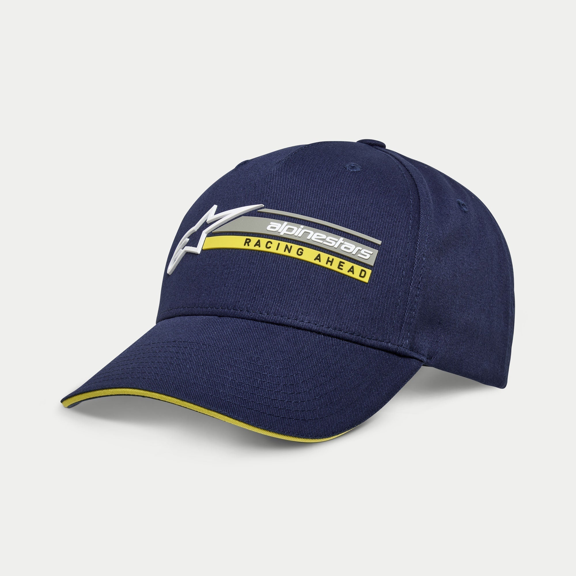 Casquette Par Alpinestars, casquette snapback bleu marine, visière courbée avec bordure sandwich jaune, logo brodé en 3D avec graphique « Racing Ahead », couvre-chef décontracté inspiré du sport automobile
