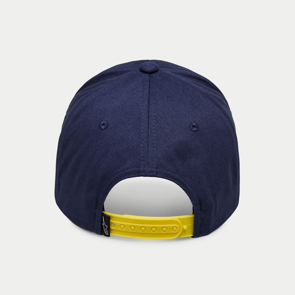 Casquette Alpinestars Par, casquette snapback bleu marine, vue arrière avec attache ajustable jaune vif et petite étiquette logo noire, couronne structurée en twill de coton bleu marine, couvre-chef sportswear décontracté