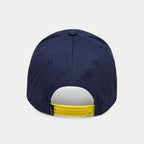 Casquette Alpinestars Par, casquette snapback bleu marine, vue arrière avec attache ajustable jaune vif et petite étiquette logo noire, couronne structurée en twill de coton bleu marine, couvre-chef sportswear décontracté