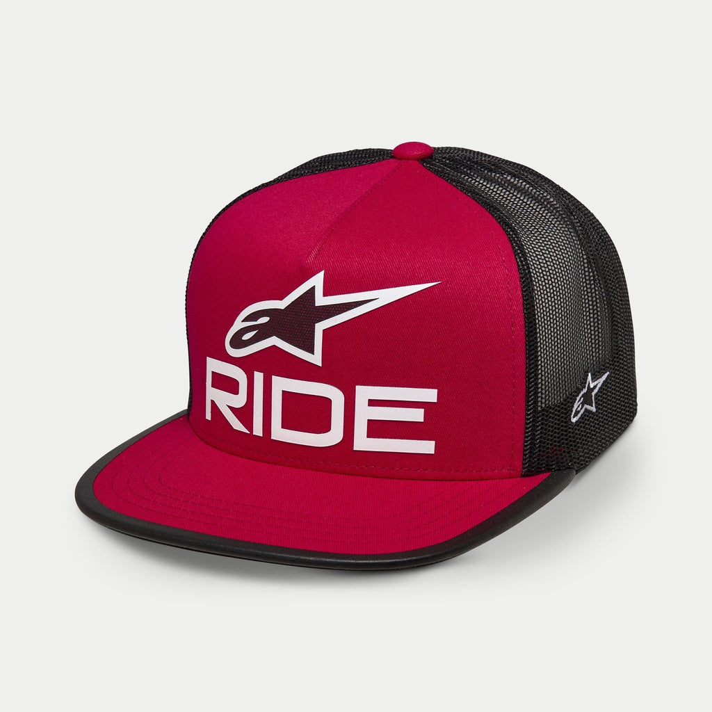 Alpinestars Ride 4.0 Trucker Hat, Red and Black, flat bill with structured crown, white 3D printed Ride logo and Alpinestars A-star on the front, black mesh back with white side logo embroidery, casual streetwear style