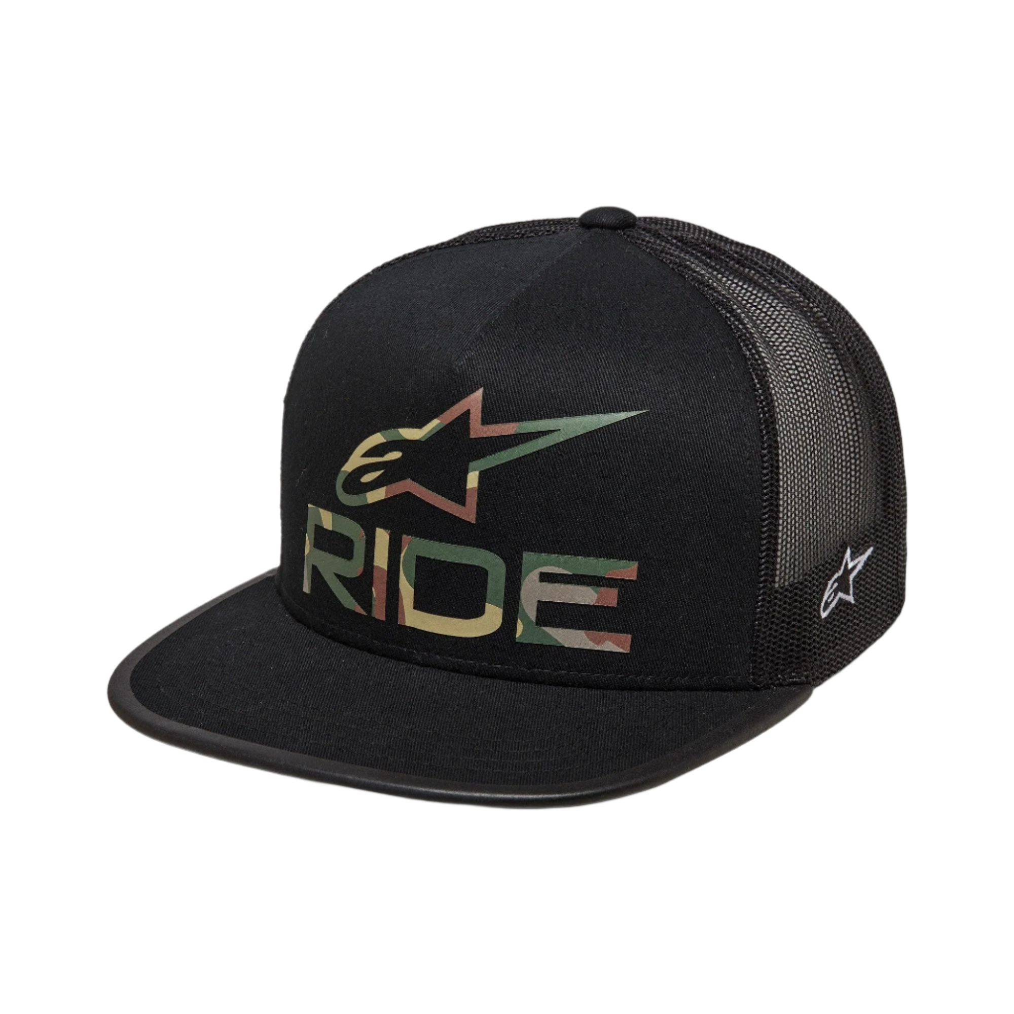 Casquette Trucker Alpinestars Ride 4.0 Camo, noire, avec logo Alpinestars camouflage et texte RIDE sur le devant, visière plate, couronne structurée, arrière en maille noire pour la respirabilité, design décontracté inspiré du sport automobile