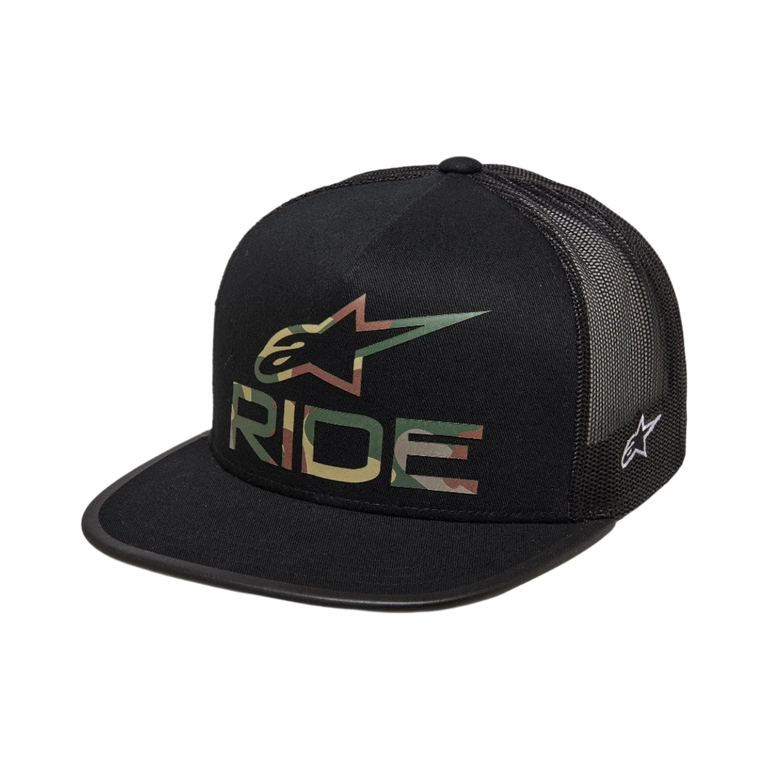 Alpinestars Ride 4.0 Camo Trucker Hat, Black, featuring a camouflage Alpinestars logo and RIDE text on the front, flat bill, structured crown, black mesh back for breathability, casual motorsport-inspired design