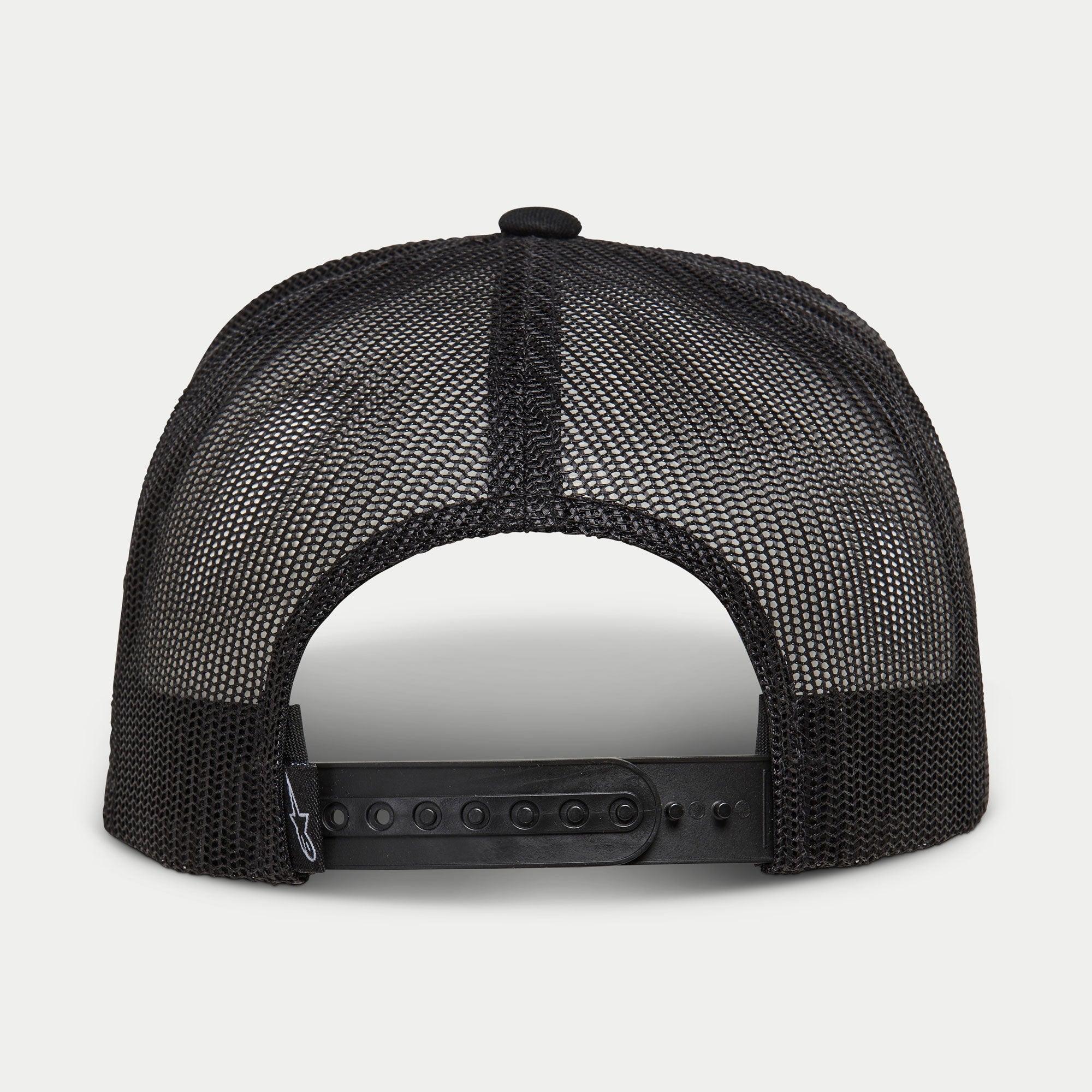 Casquette Trucker Alpinestars Ride 4.0 Camo, noir, vue arrière montrant la couronne en maille respirante et la fermeture snapback réglable en plastique avec une petite étiquette logo, accessoire décontracté inspiré du sport automobile