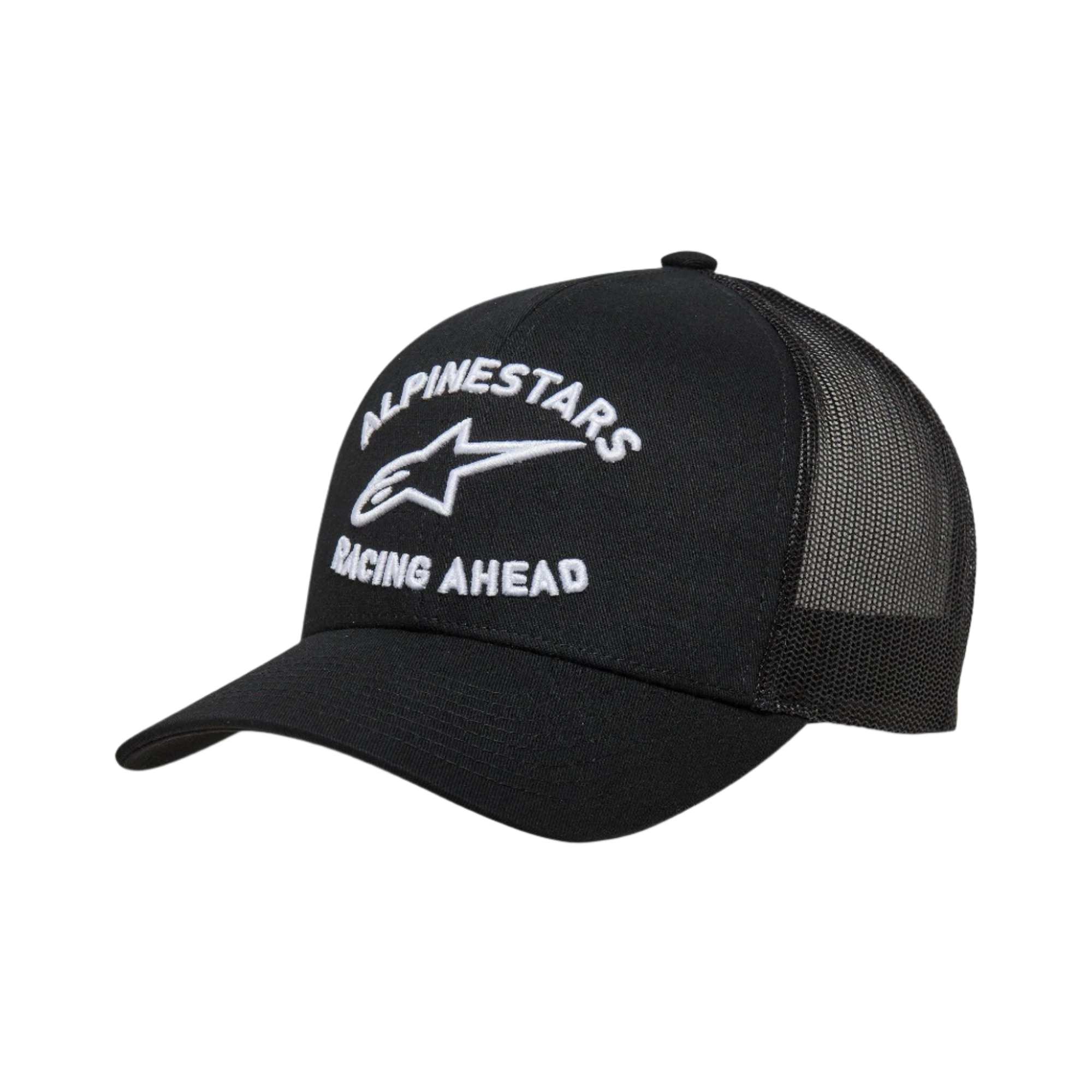 Alpinestars Triple Trucker Hat, casquette trucker noire avec visière courbée et arrière en maille, broderie blanche en relief 3D arborant 'Alpinestars Racing Ahead' et le logo, couvre-chef décontracté inspiré du sport automobile