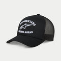 Casquette Trucker Triple Alpinestars, casquette trucker noire, visière courbée, broderie 3D blanche avec logos « ALPINESTARS » et « RACING AHEAD », panneaux avant en sergé et arrière en maille, style décontracté motorsport