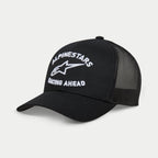 Casquette Trucker Triple Alpinestars, casquette trucker noire, visière courbée, broderie 3D blanche avec logos « ALPINESTARS » et « RACING AHEAD », panneaux avant en sergé et arrière en maille, style décontracté motorsport
