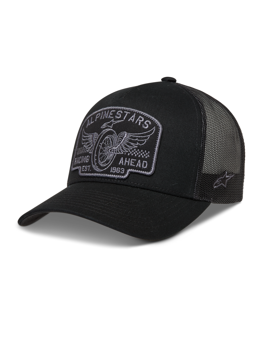 Alpinestars Heritage Patch Trucker Hat, black and gray sportswear cap with mesh back and embroidered racing patch.