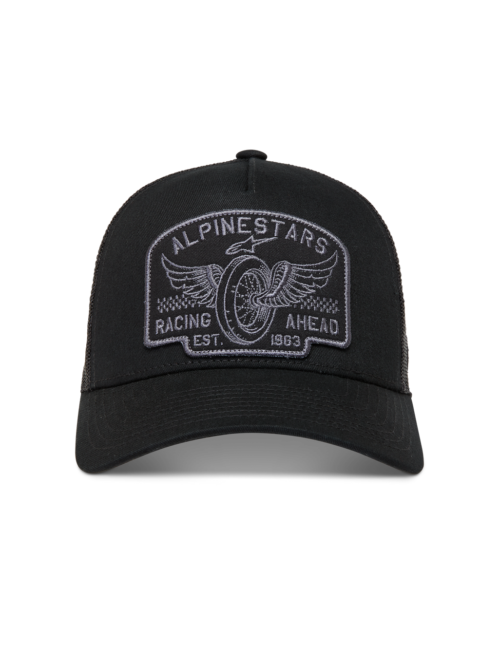 Alpinestars Heritage Patch Trucker Hat in Black and Gray, featuring a curved bill, mesh back, and embroidered racing logo.
