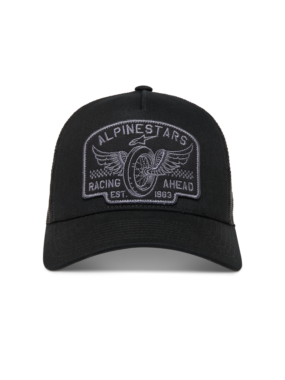 Casquette trucker Alpinestars Heritage Patch, noire et grise avec visière courbée, arrière en maille et écusson brodé