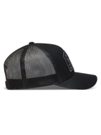 Alpinestars Heritage Patch Trucker Hat, side view of a Black and Gray sportswear cap with curved bill and mesh backing.