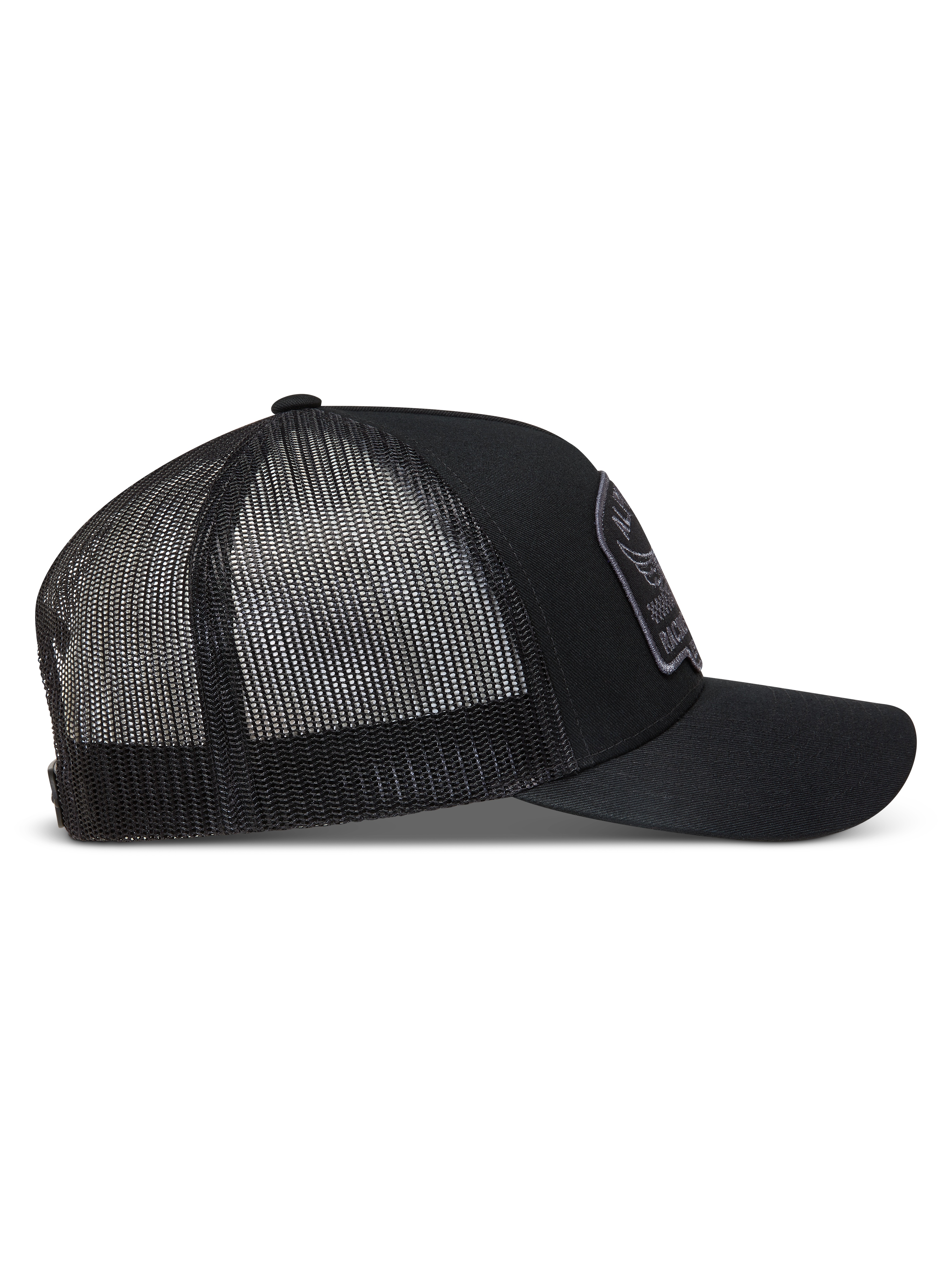 Alpinestars Heritage Patch Trucker Hat, side view of a Black and Gray sportswear cap with curved bill and mesh backing.