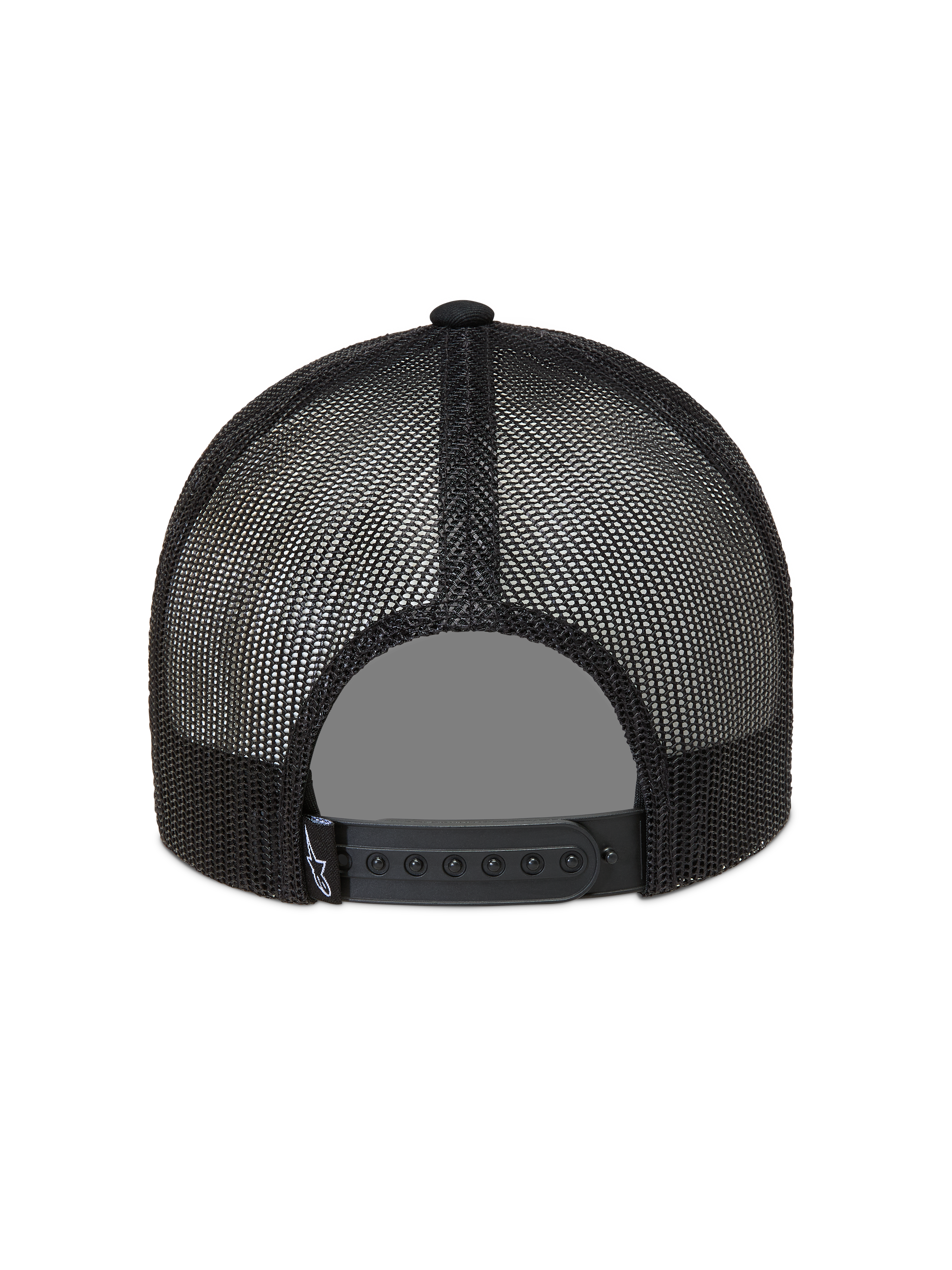 Alpinestars Heritage Patch Trucker Hat in Black, featuring a breathable poly mesh back and adjustable snapback closure.