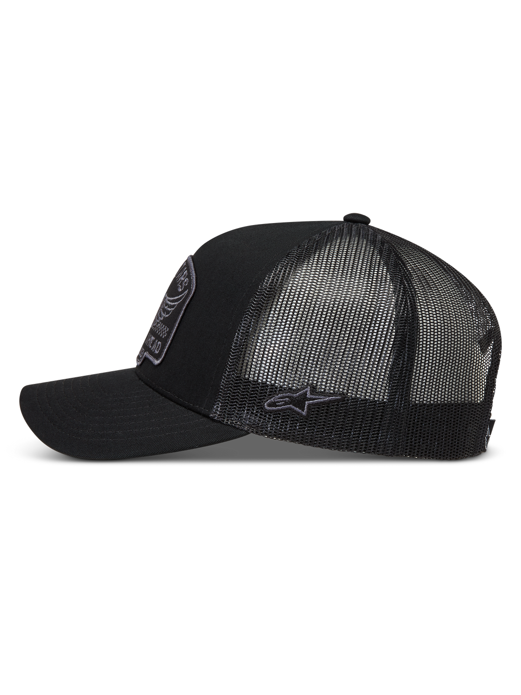 Alpinestars Heritage Patch Trucker Hat in black and gray, featuring a curved bill and breathable mesh back.