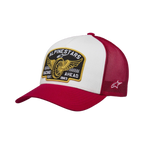 Casquette Trucker Heritage Patch Alpinestars, casquette snapback décontractée, panneau avant blanc avec visière courbée rouge et arrière en maille, dotée d'un grand patch brodé sur le devant et d'un petit logo latéral, couronne structurée, couvre-chef inspiré du sport automobile