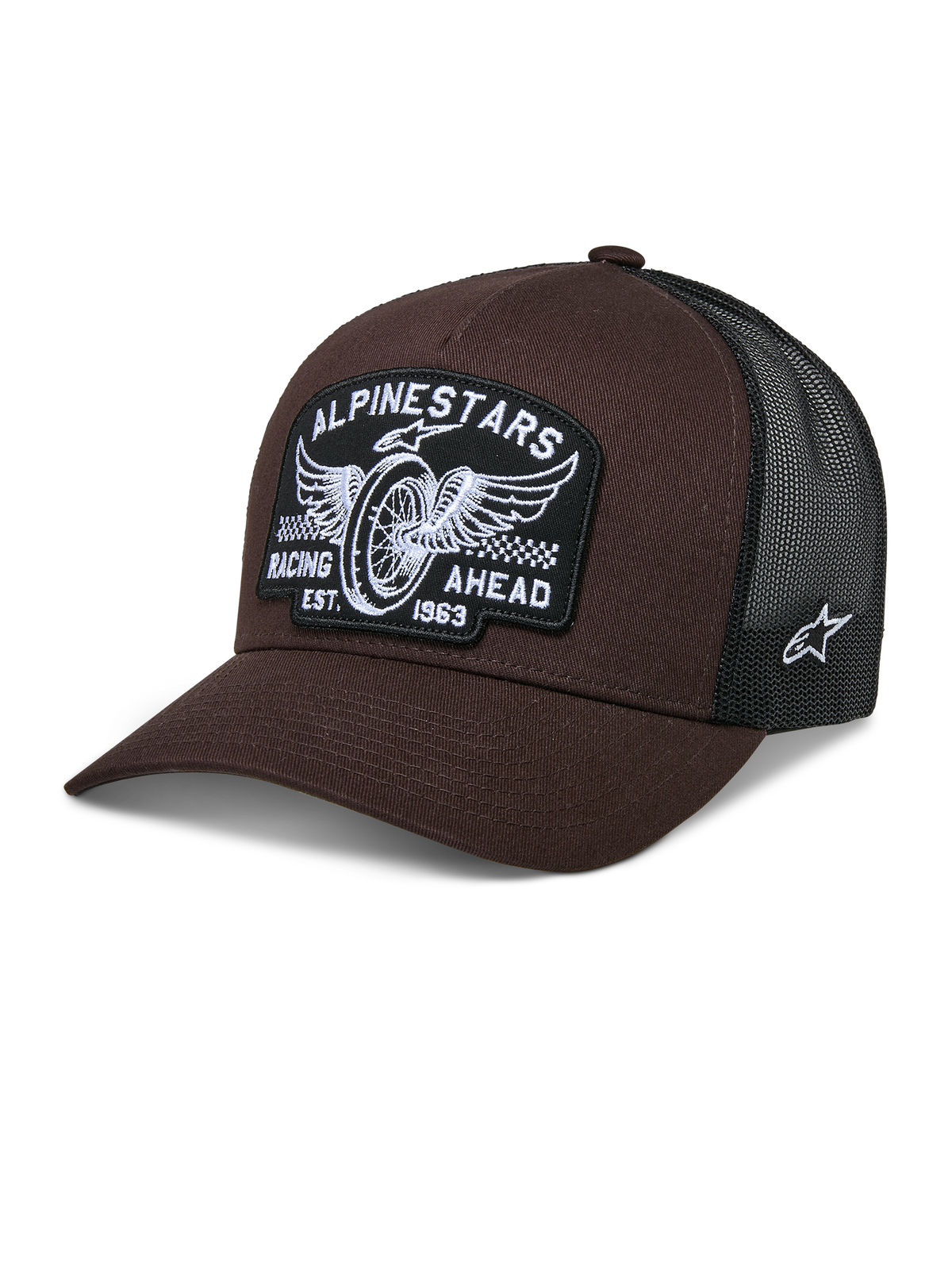 Alpinestars Heritage Patch Trucker Hat, Brown and Black, featuring a large front patch with winged wheel embroidery and 'RACING AHEAD EST. 1963' text, breathable black mesh back, curved brim, white side star logo, motorsport-inspired casual headwear