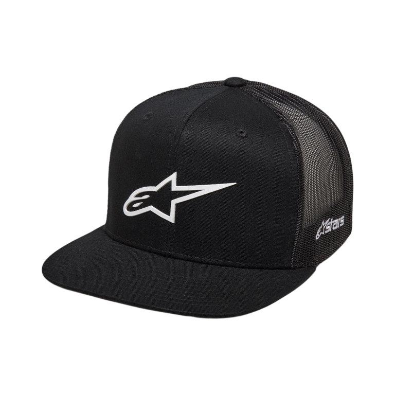 Alpinestars 3D Ageless Trucker Hat, Black with White Alpinestars Logo, Flat Bill, Structured Crown, Black Mesh Back, Casual Motorsport-Inspired Sportswear