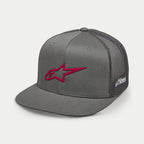 Alpinestars 3D Ageless Trucker Hat, Grey with Red logo, flat bill, structured crown, twill front with grey mesh back, 3D red embroidered logo, casual motorsport-inspired headwear