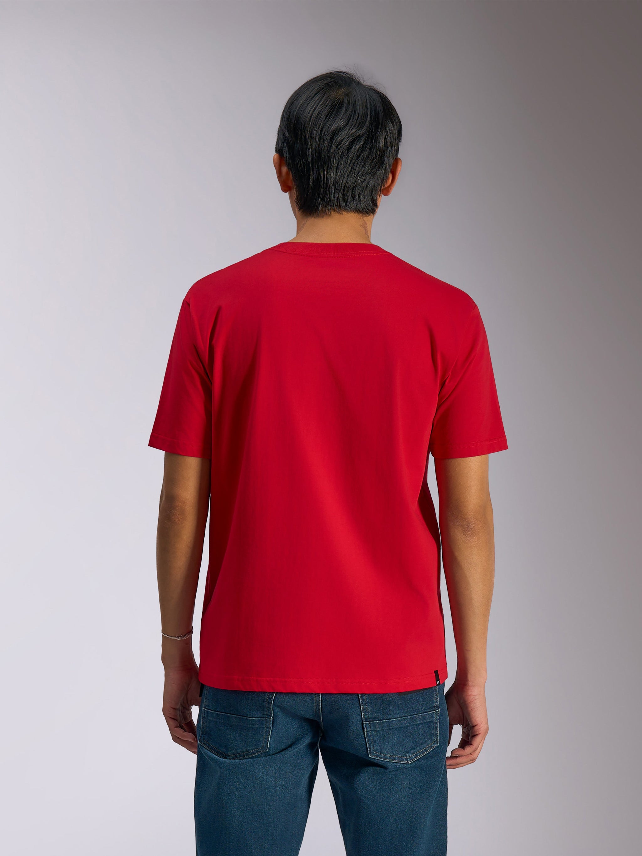 Alpinestars Ageless Shadow CSF Tee, Back View, Short-Sleeve T-Shirt, Red, Casual Motorsport Streetwear, worn with blue jeans